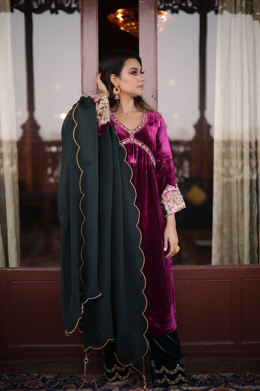 Magenta Pink Silk Velvet Anarkali