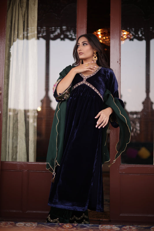 Blue Silk Velvet Anarkali