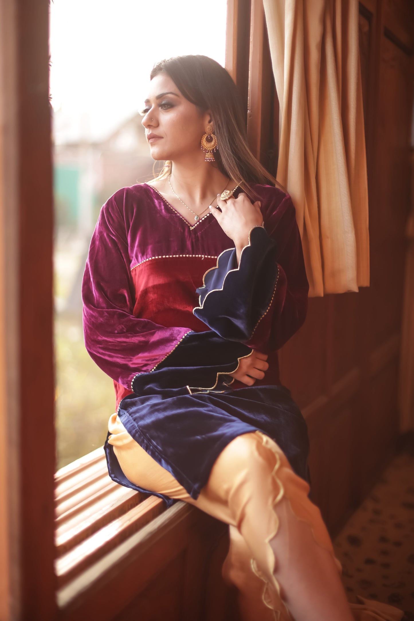 Tri-Colour Velvet Kurta Set