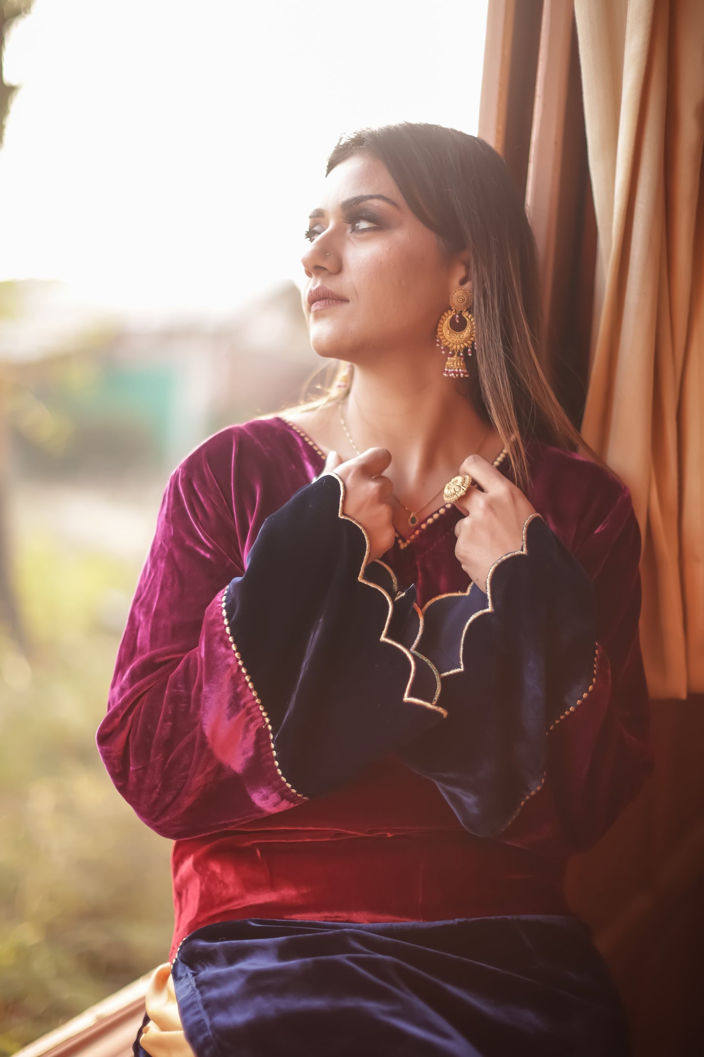Tri-Colour Velvet Kurta Set