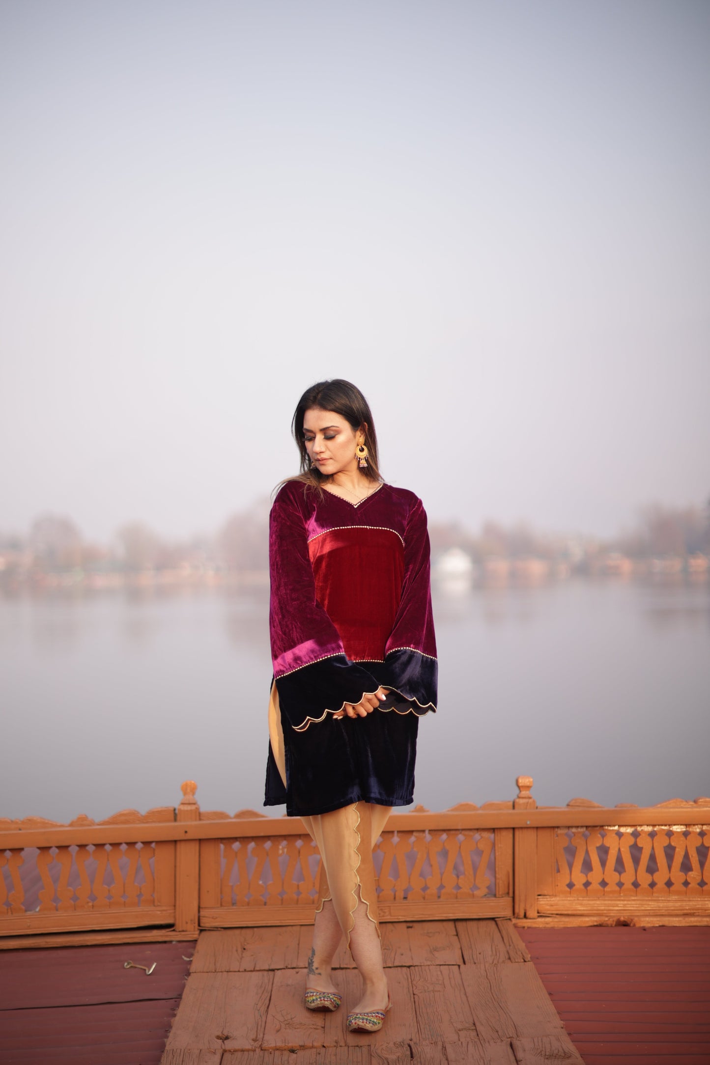 Tri-Colour Velvet Kurta Set
