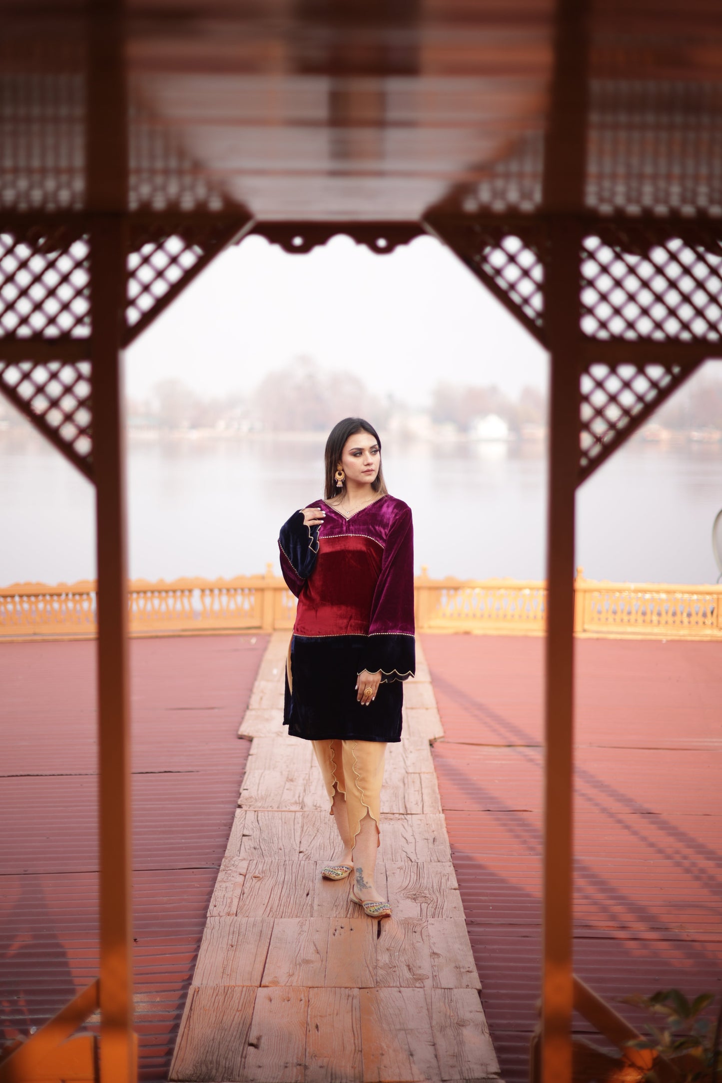 Tri-Colour Velvet Kurta Set