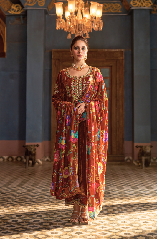 Naaz Dark Copper Kali Kurta Set