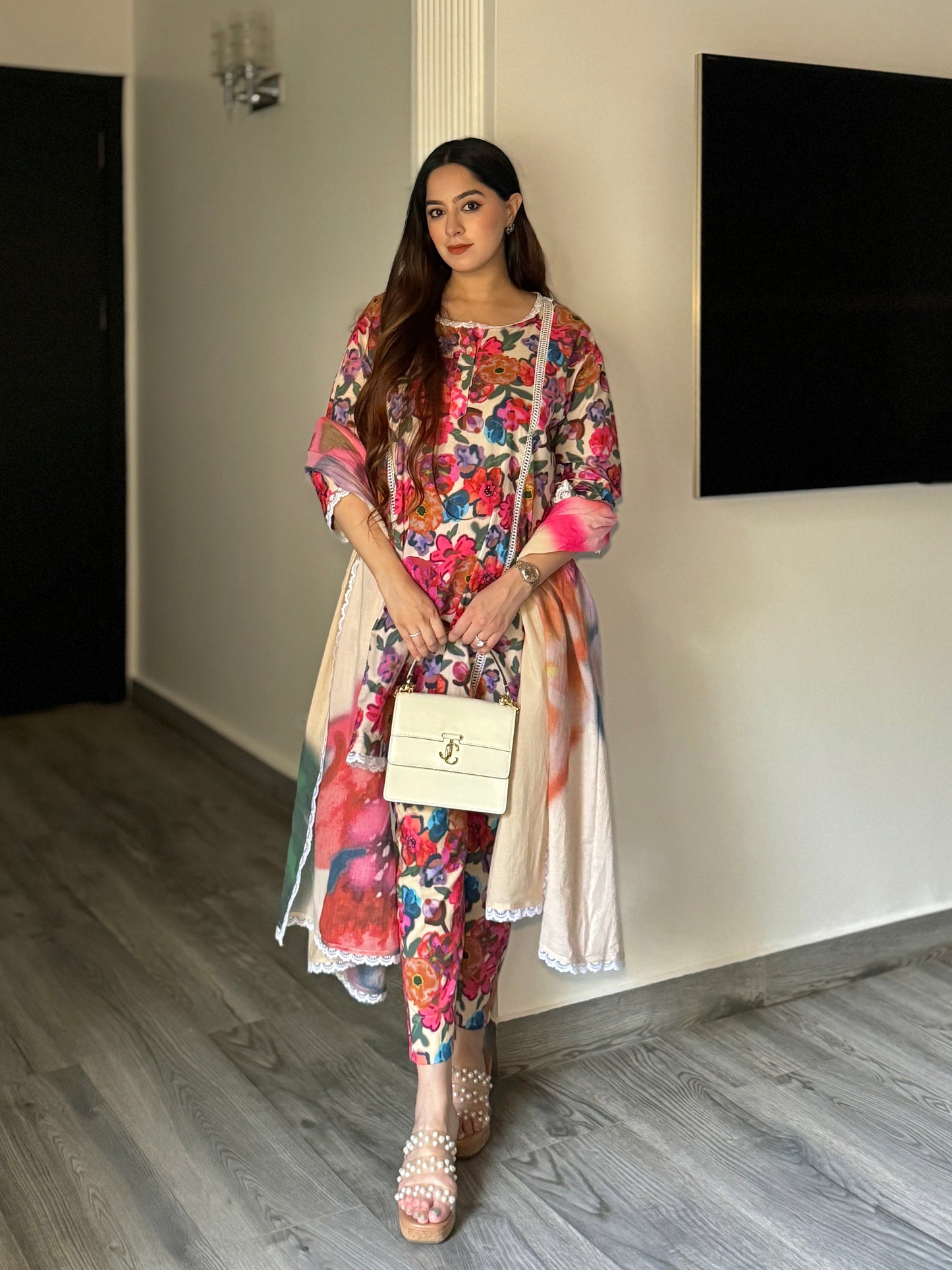 Ivory Floral Fusion Lawn Kurta Set