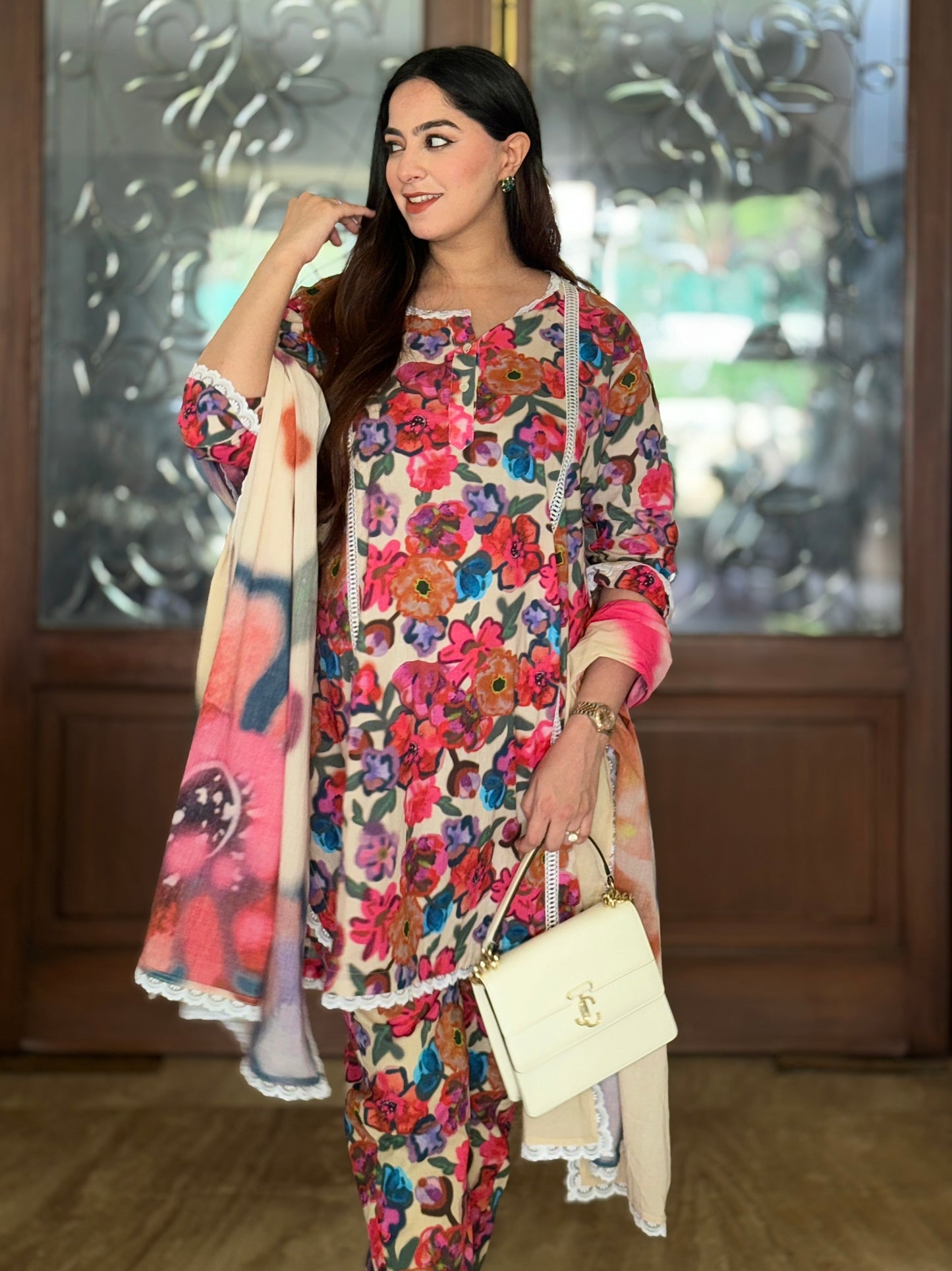 Ivory Floral Fusion Lawn Kurta Set