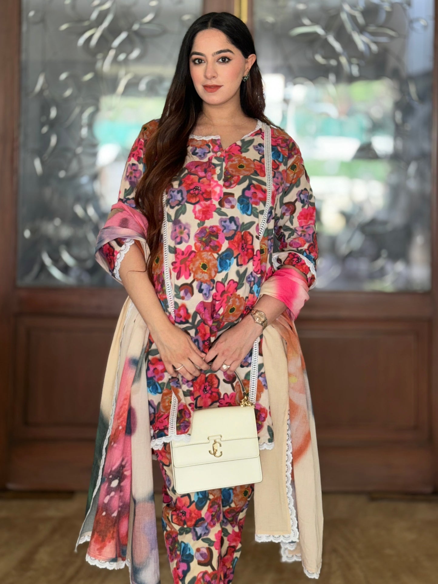 Ivory Floral Fusion Lawn Kurta Set