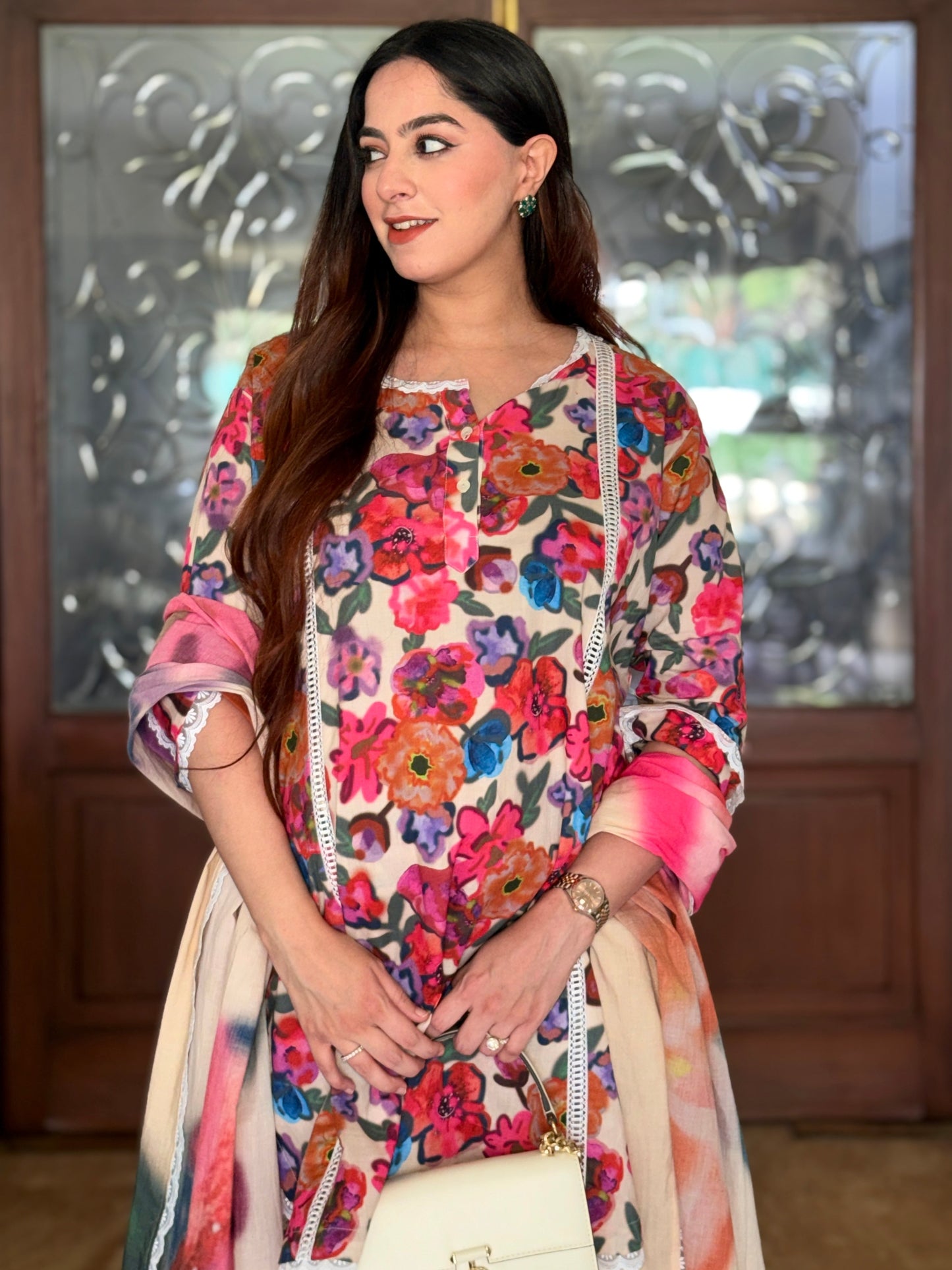 Ivory Floral Fusion Lawn Kurta Set