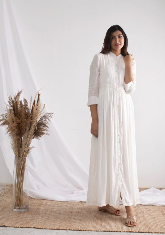 White Pleated Full Length Dress