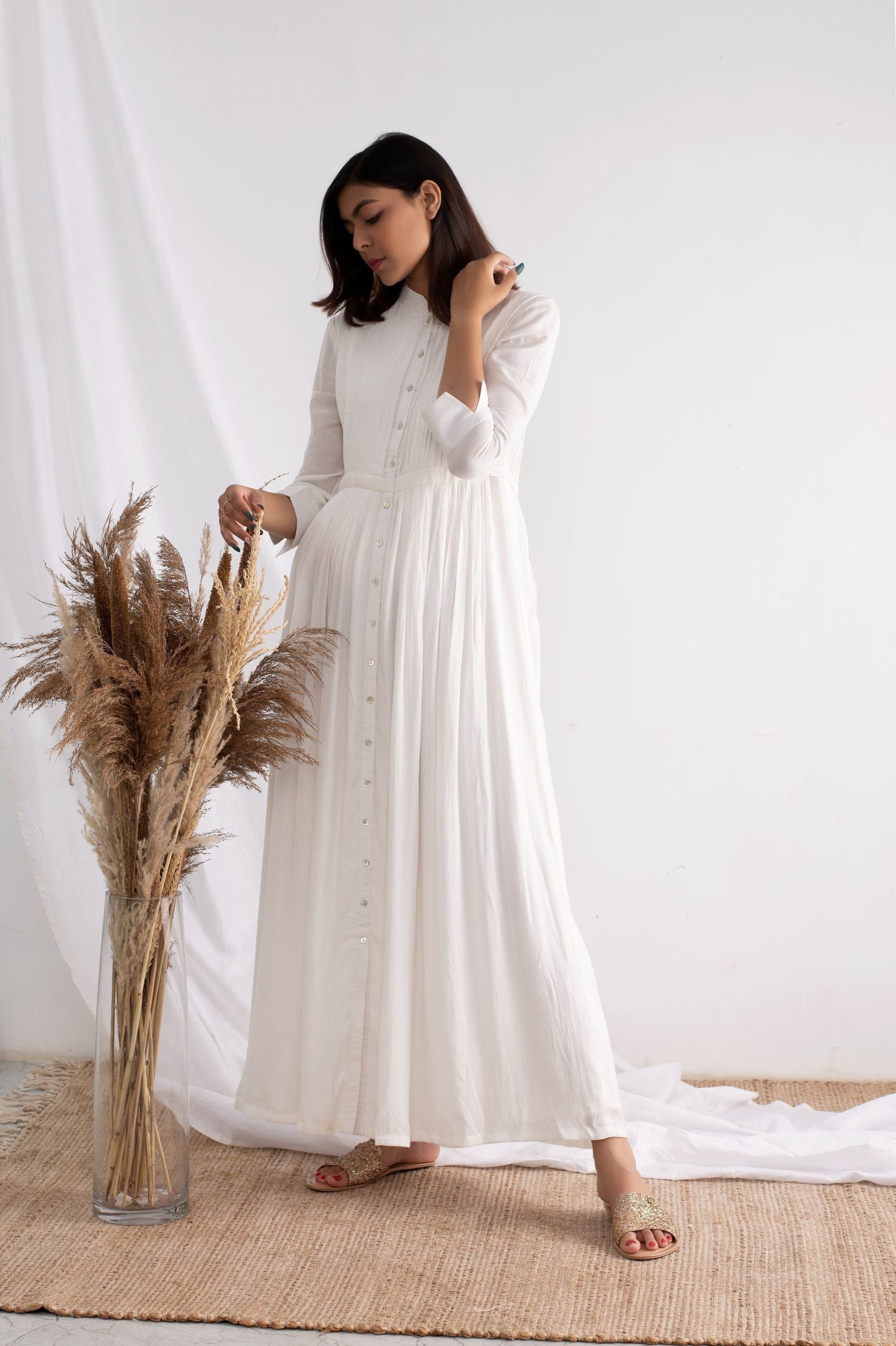White Pleated Full Length Dress