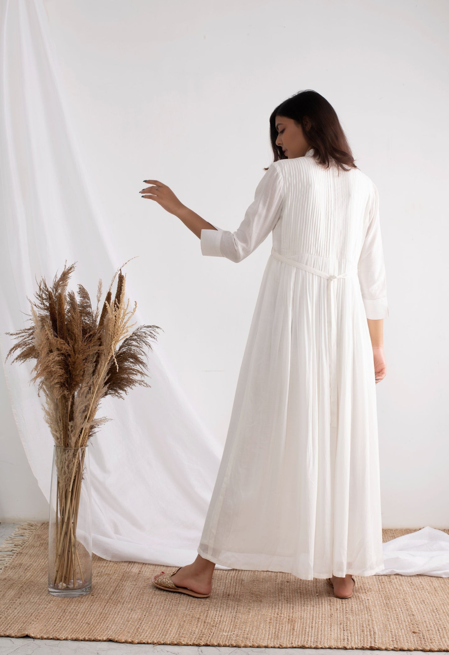 White Pleated Full Length Dress
