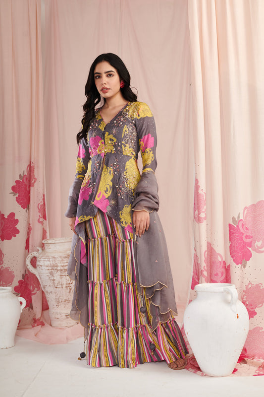 Grey Peplum sharara set