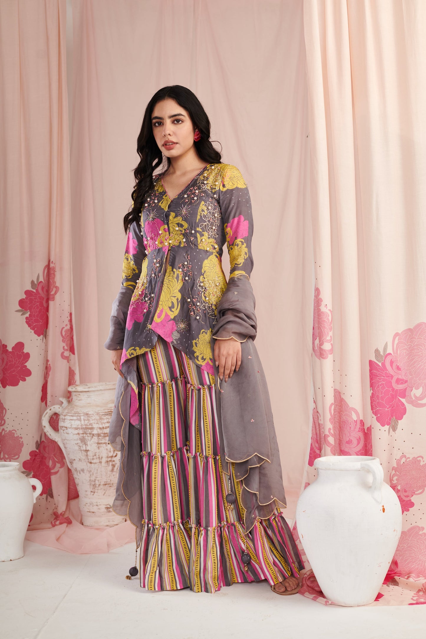 Grey Peplum sharara set