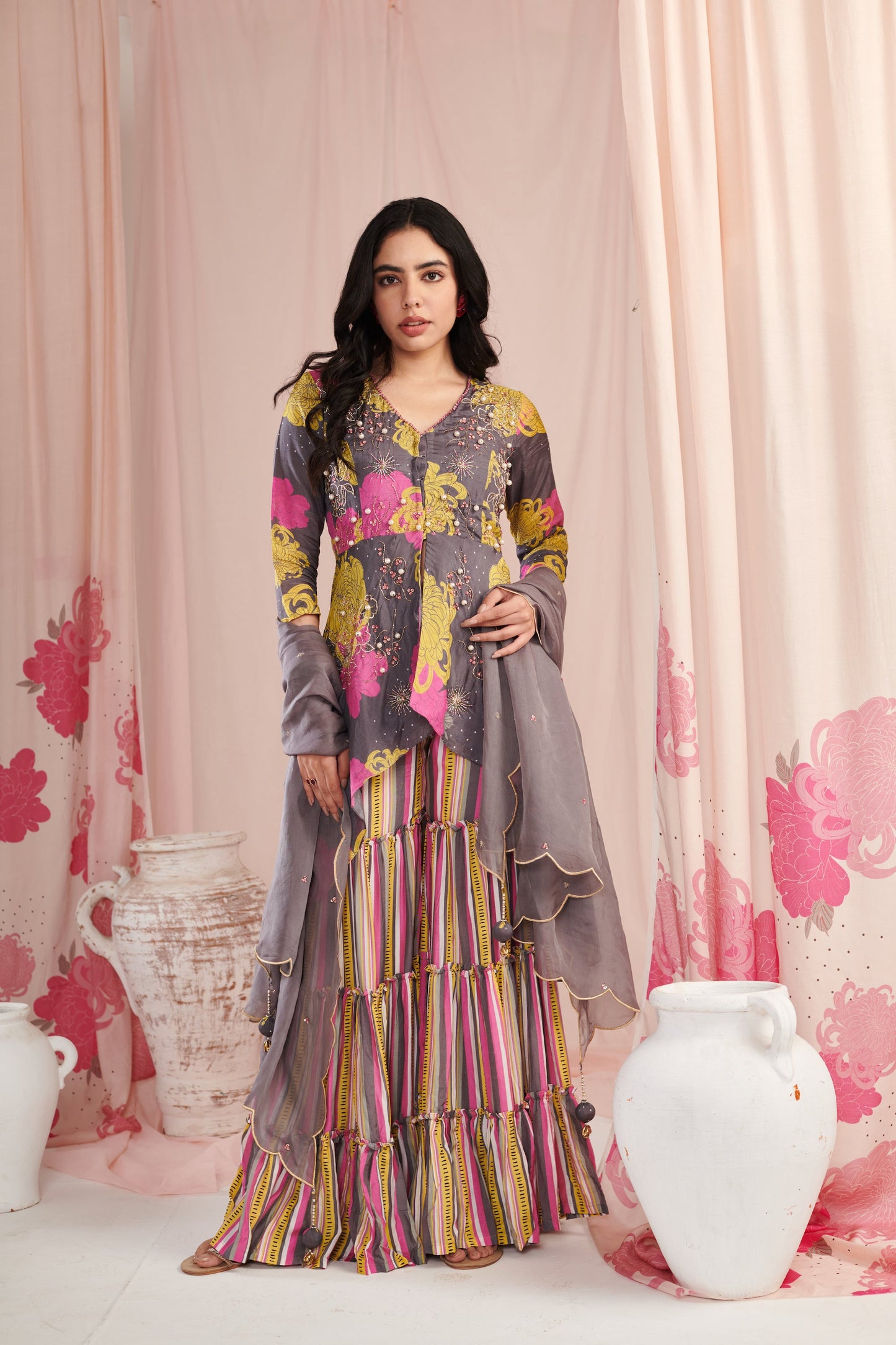 Grey Peplum sharara set