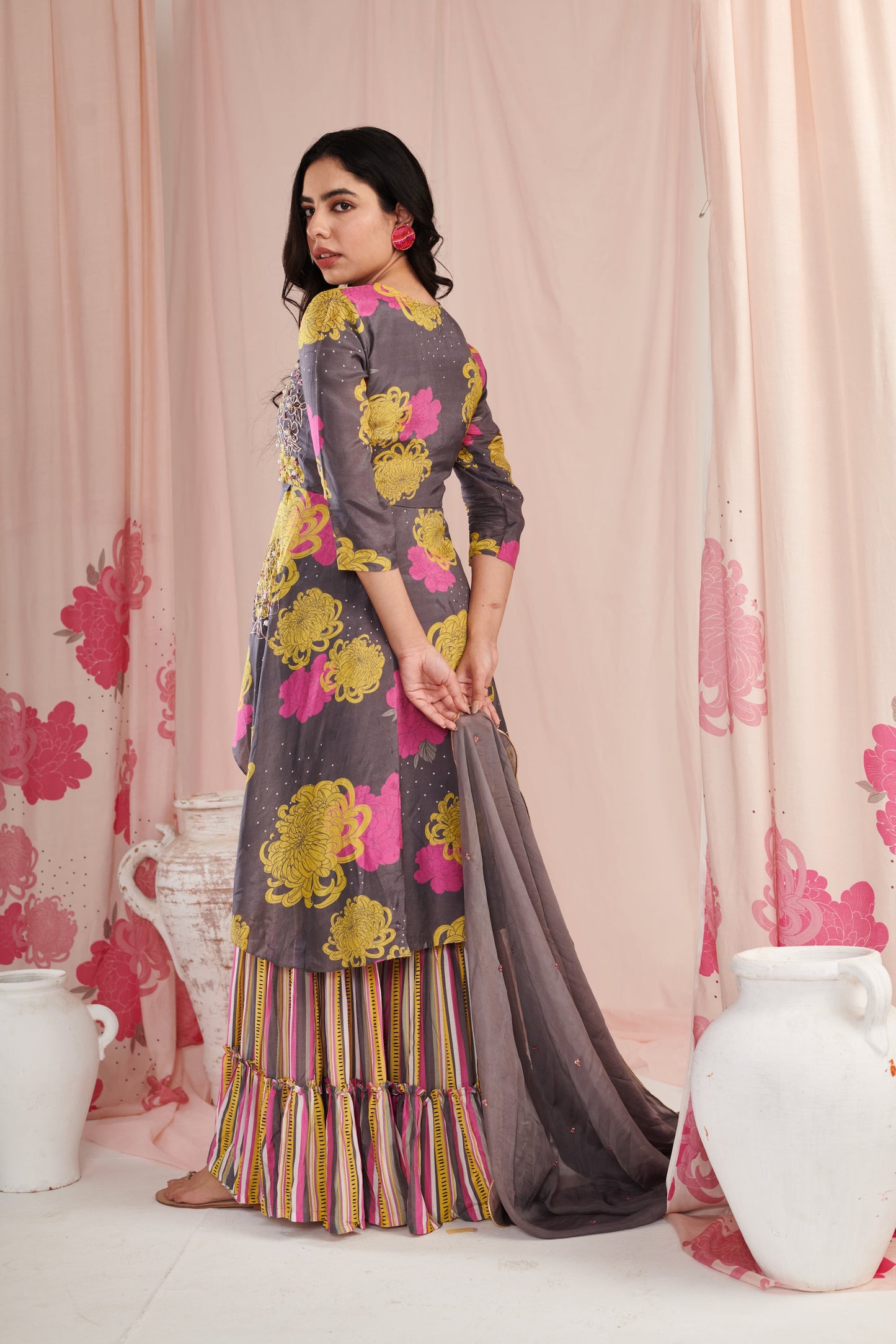 Grey Peplum sharara set
