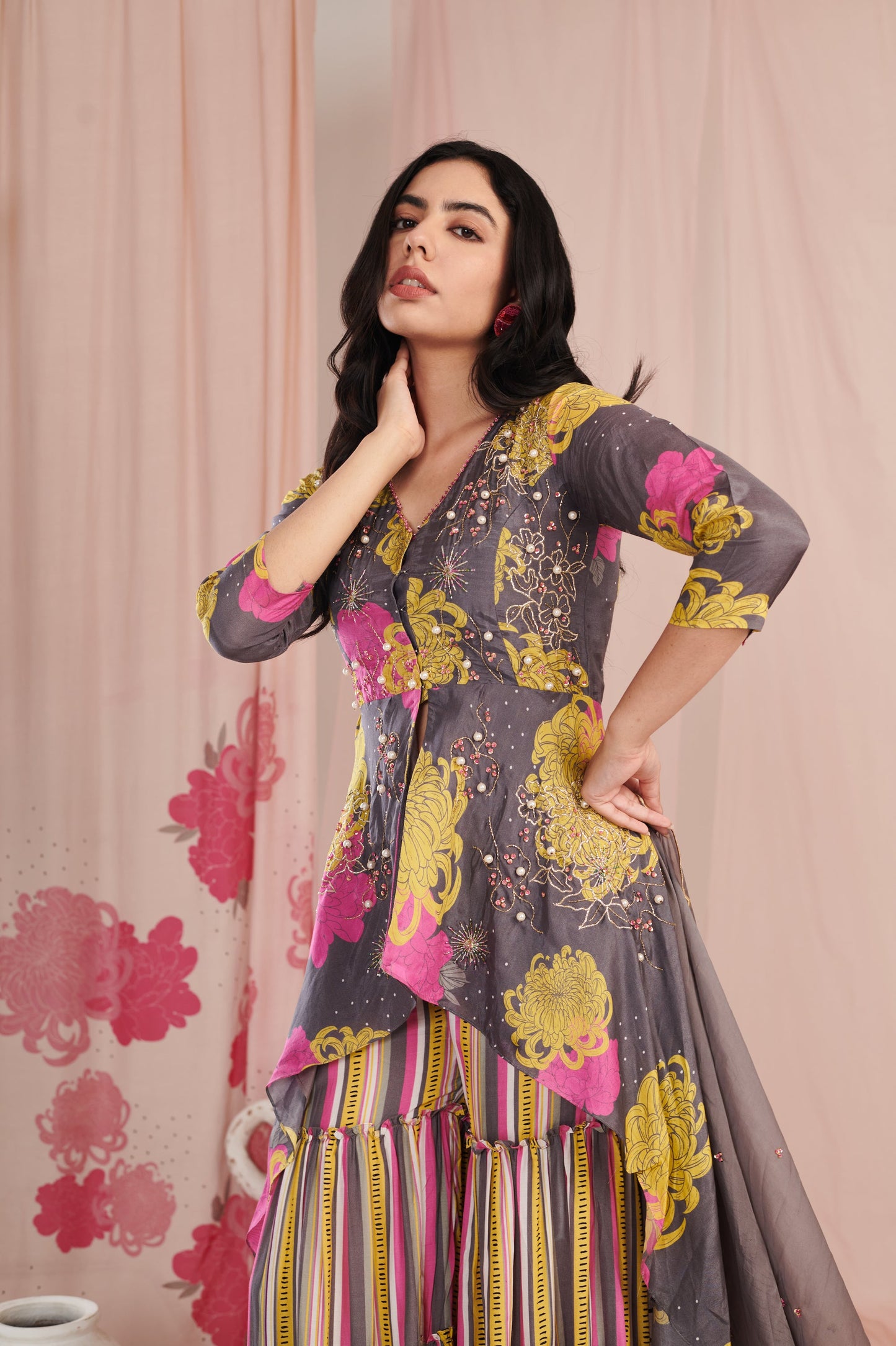 Grey Peplum sharara set