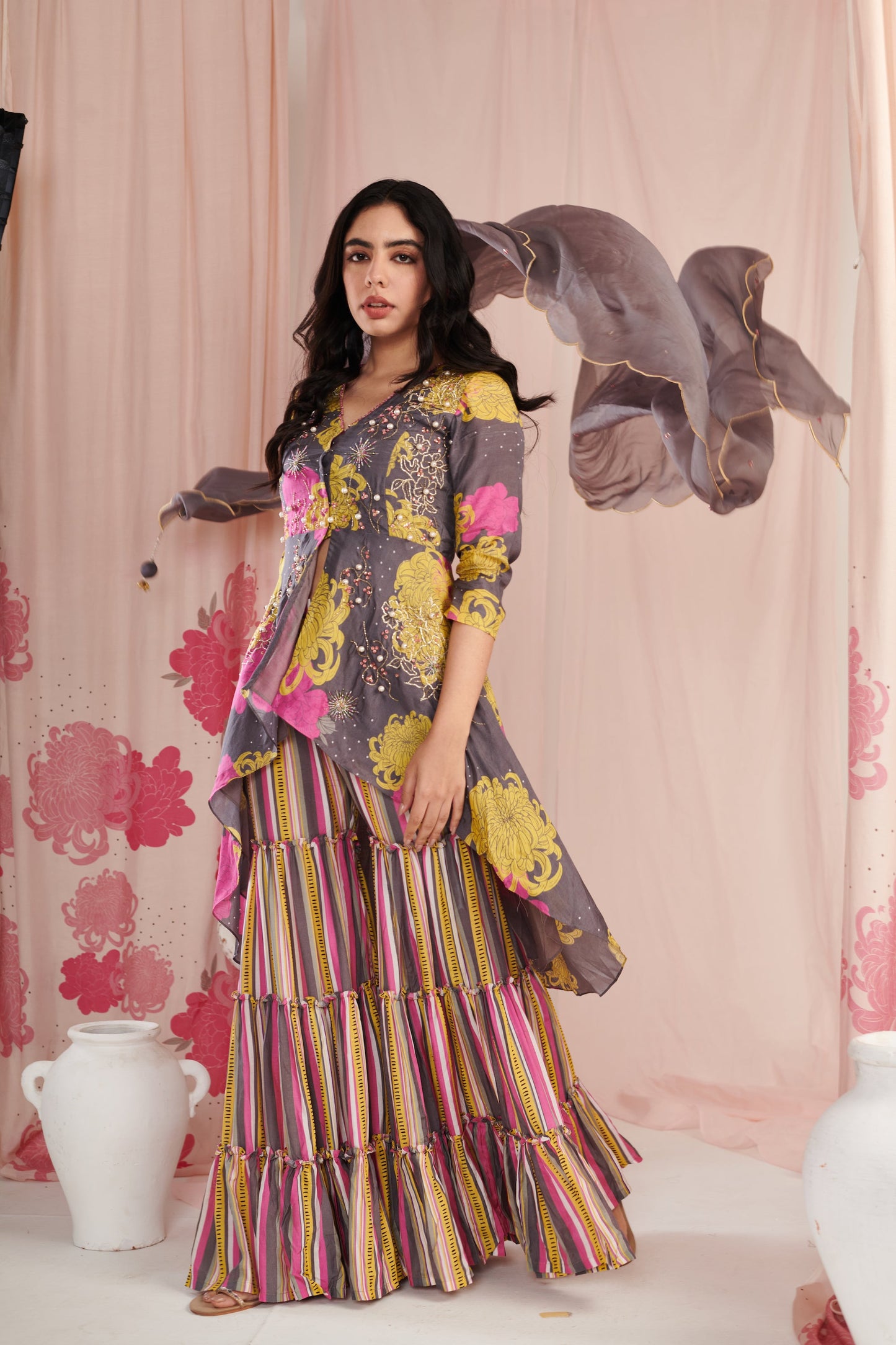 Grey Peplum sharara set