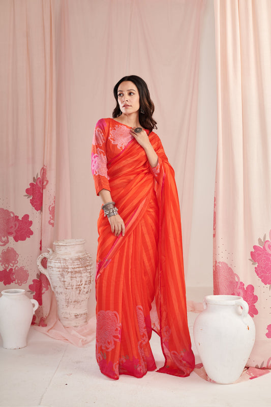 Chrysanthe red saree with blouse pc