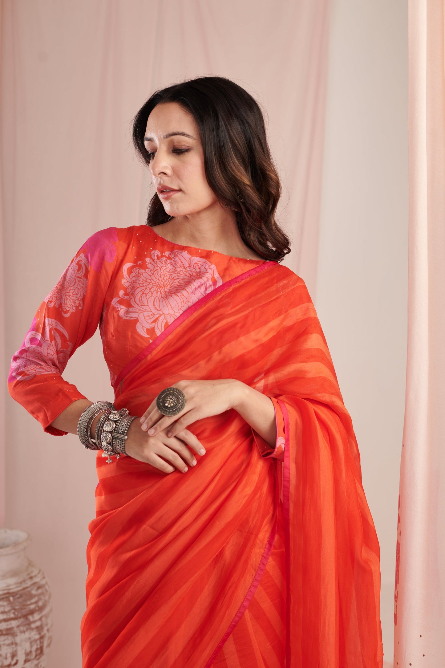 Chrysanthe red saree with blouse pc