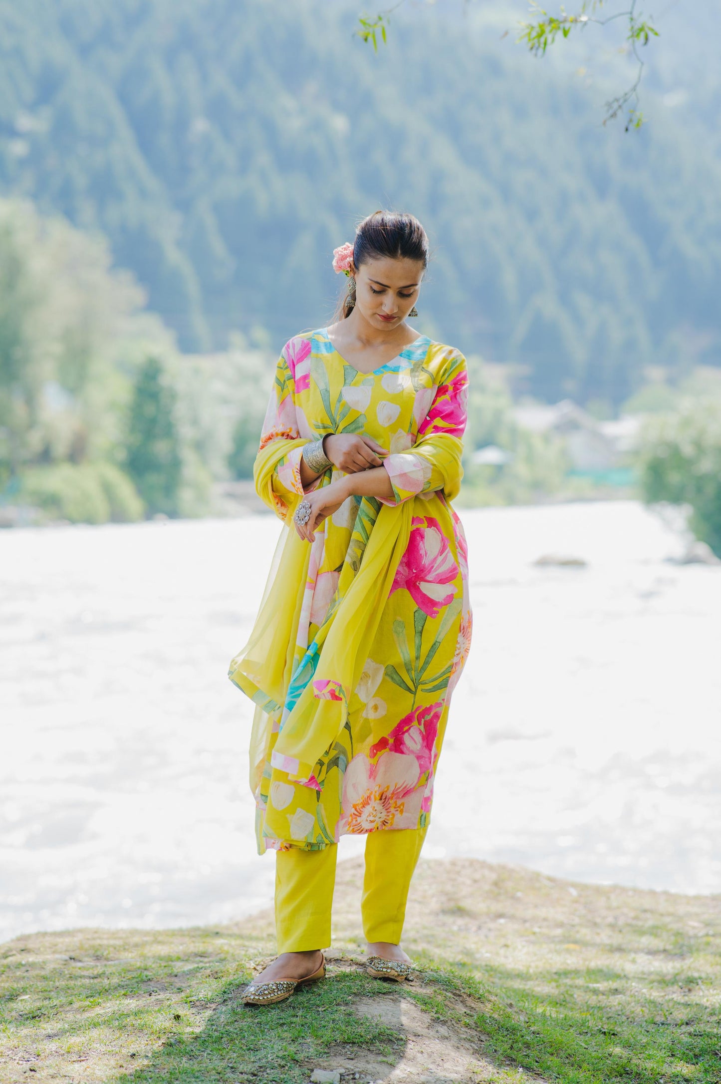 Lime Bloom Panelled Kurta Set