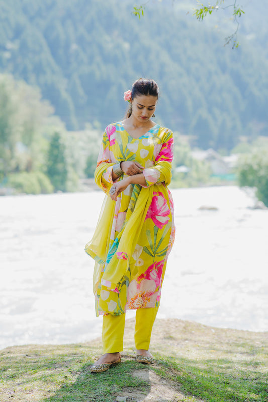 Lime Bloom Panelled Kurta Set