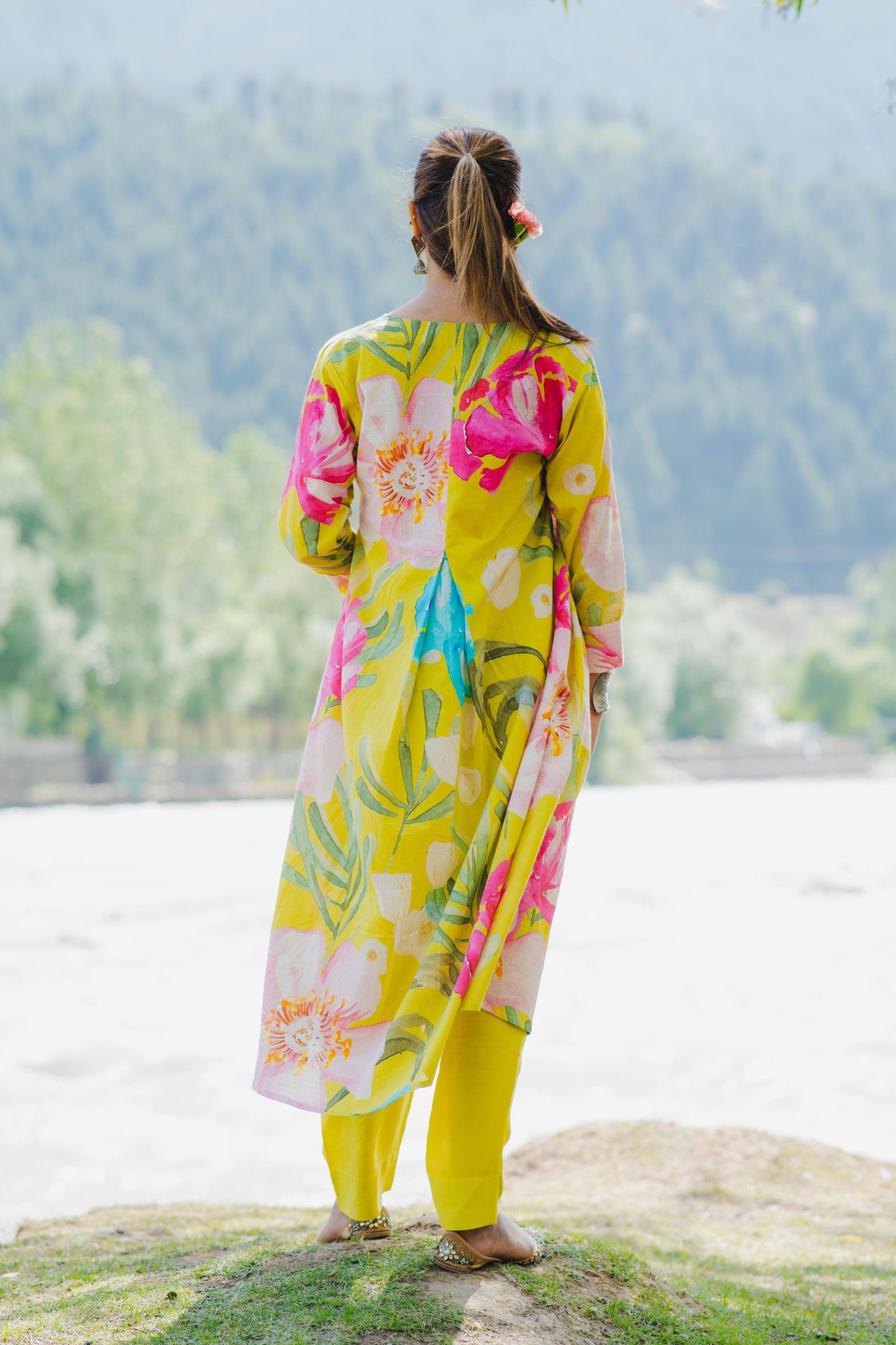 Lime Bloom Panelled Kurta Set