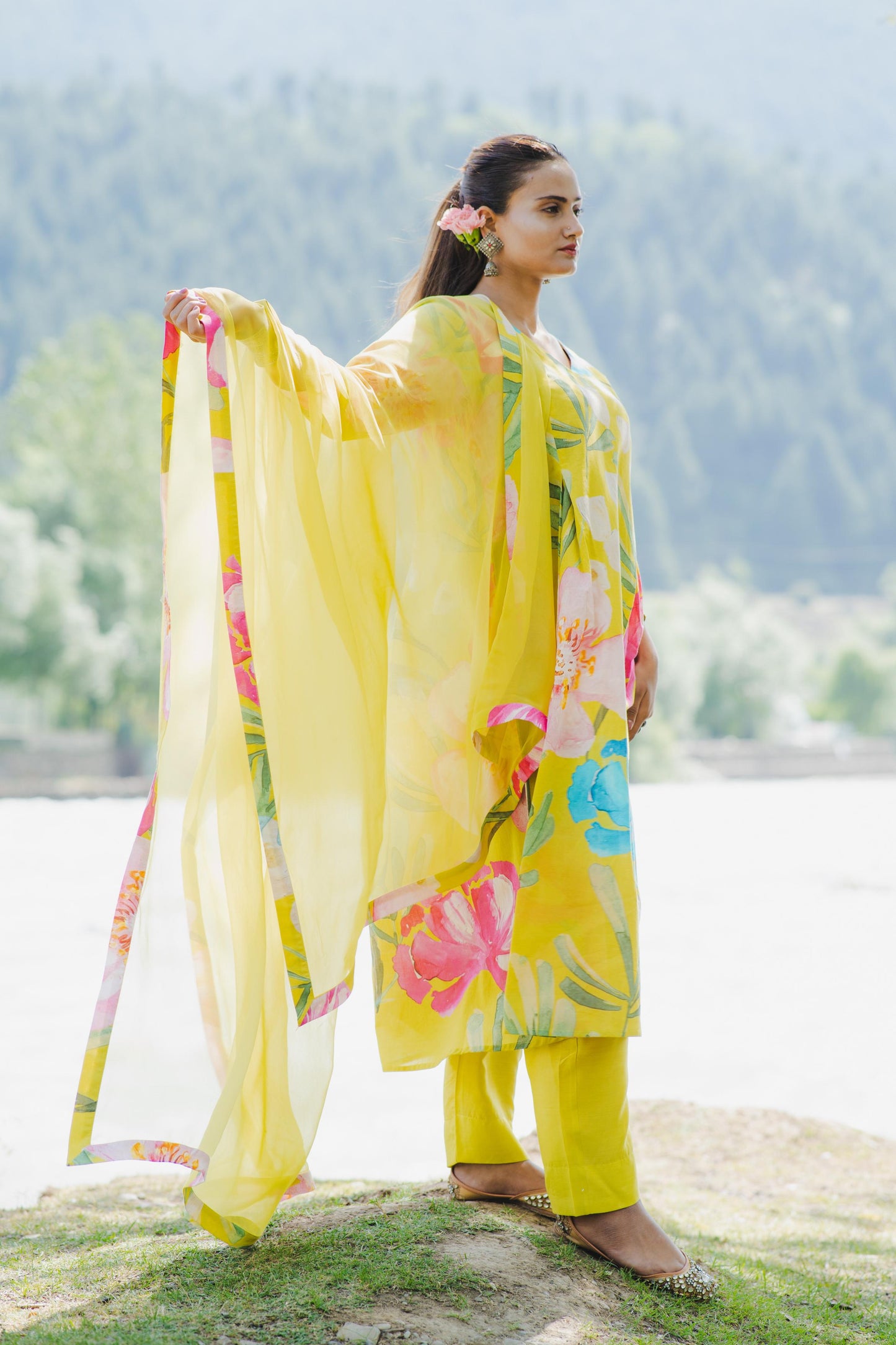 Lime Bloom Panelled Kurta Set