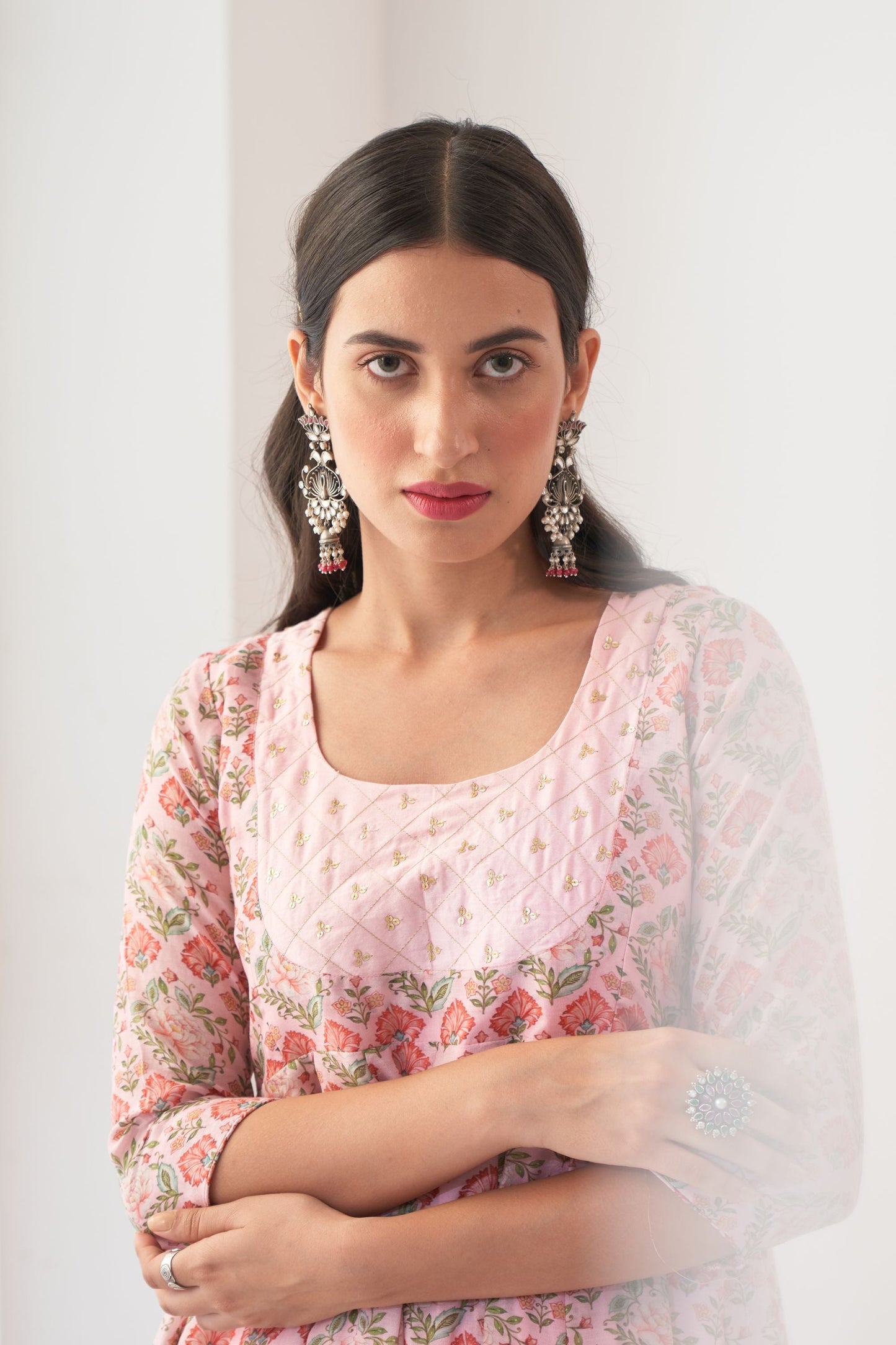 Powder Pink Peony Embroidered Anarkali