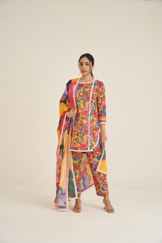 Yellow Floral Fusion Lawn Kurta Set