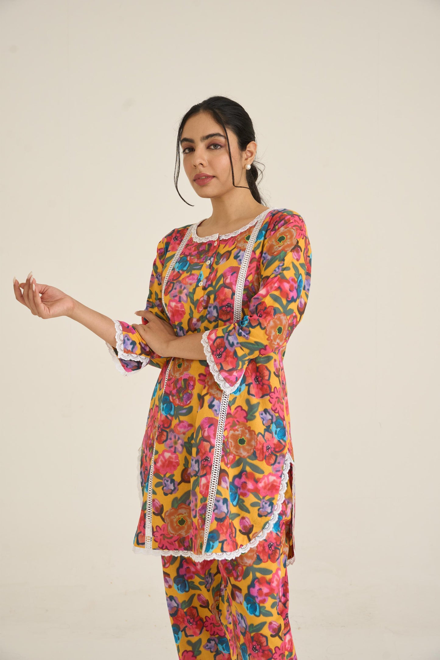 Yellow Floral Fusion Lawn Kurta Set