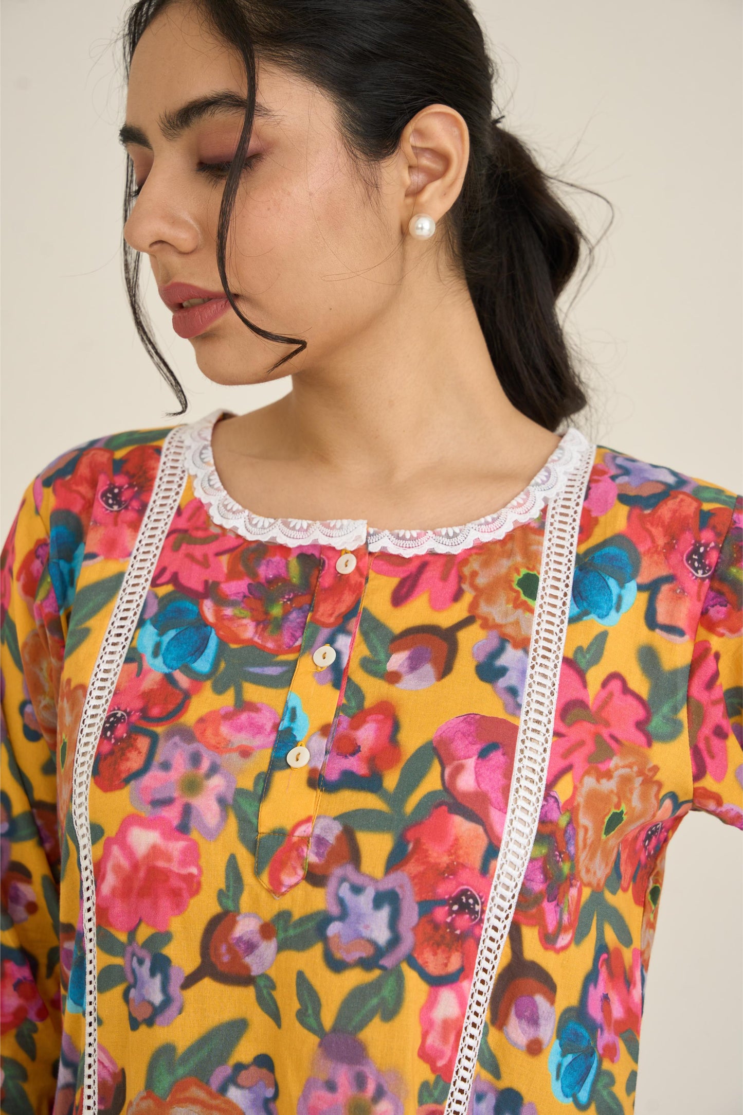 Yellow Floral Fusion Lawn Kurta Set