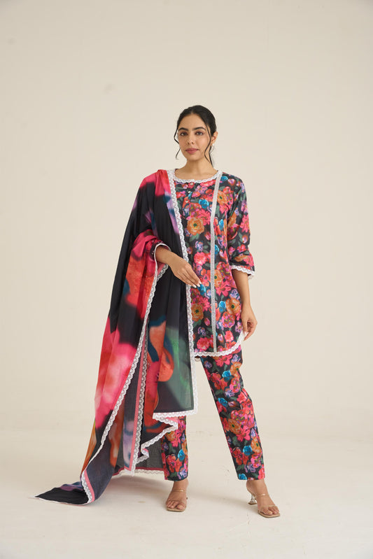 Black Floral Fusion Lawn Kurta Set