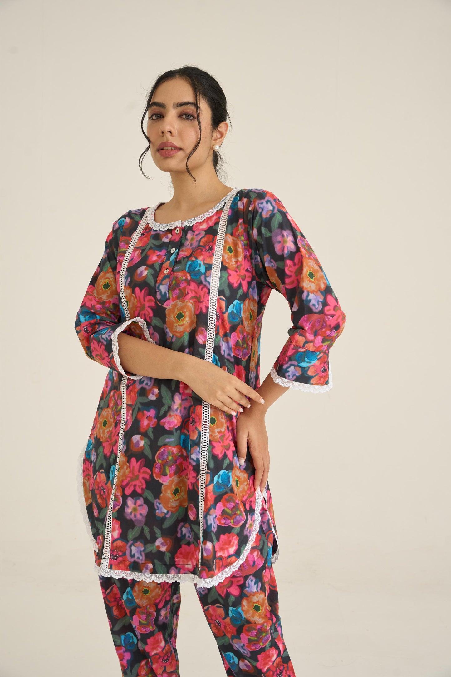 Black Floral Fusion Lawn Kurta Set
