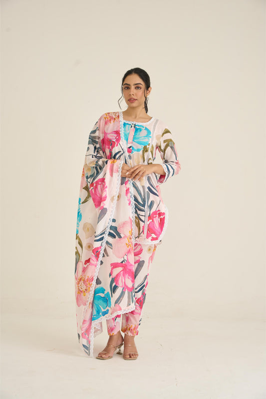 White Floral Fusion Lawn Kurta Set