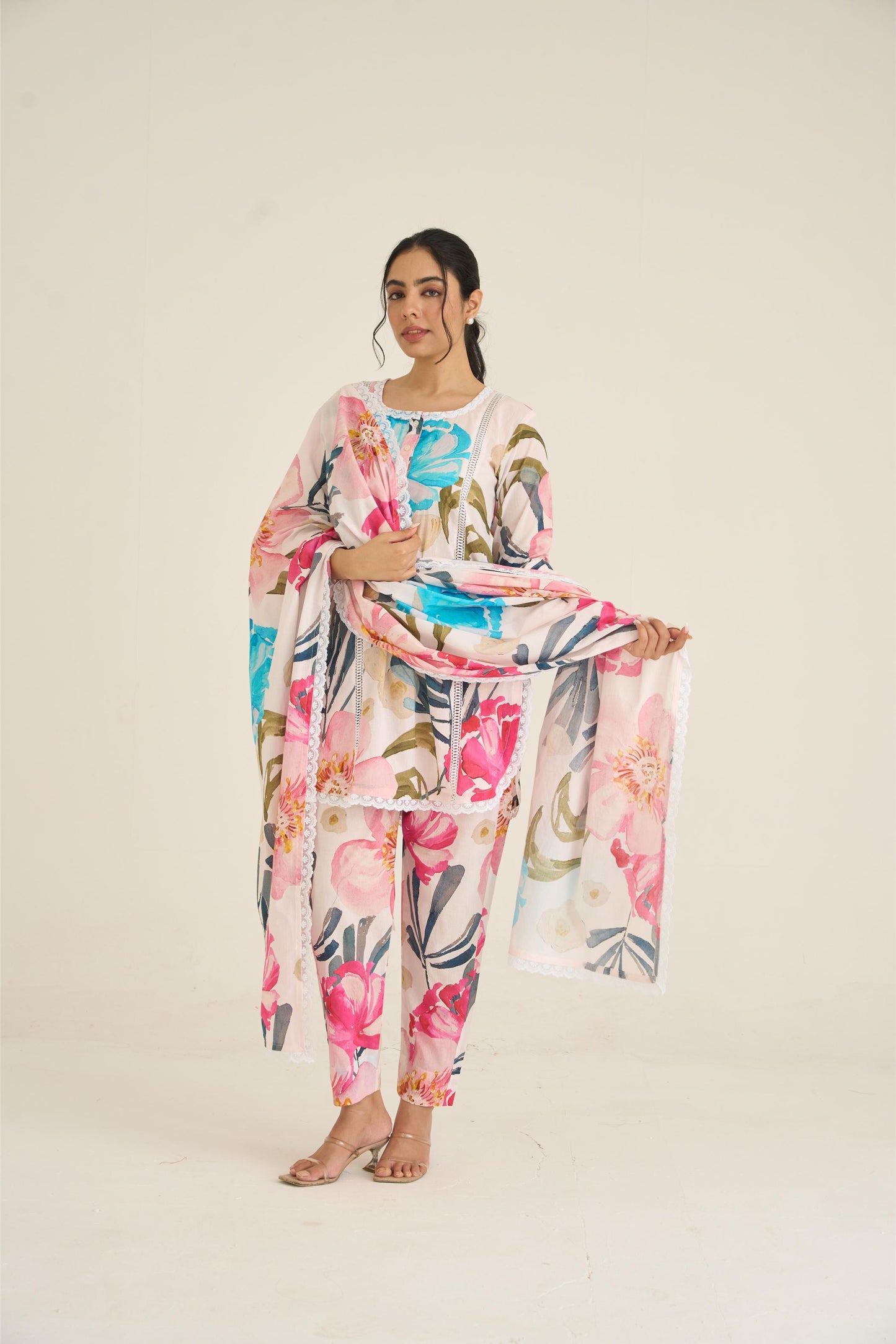 White Floral Fusion Lawn Kurta Set