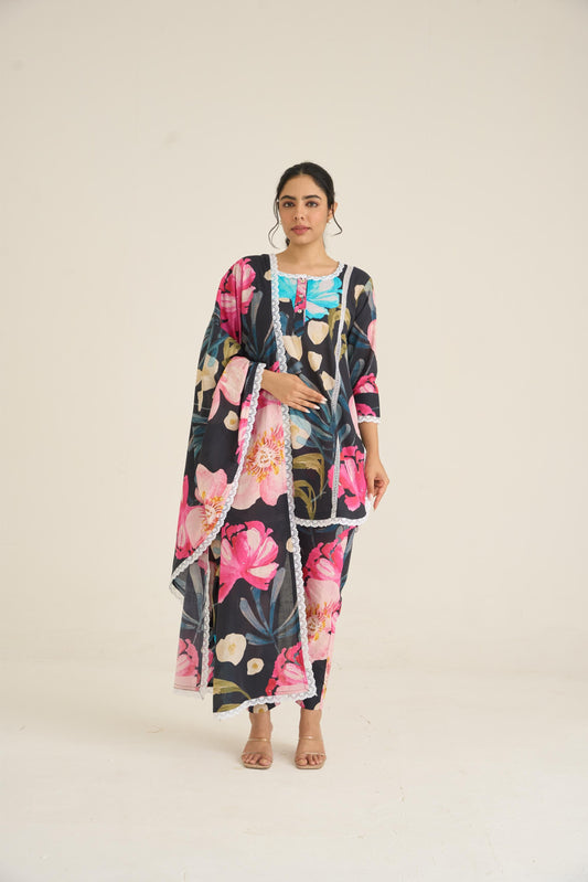 Midnight Floral Fusion Lawn Kurta Set
