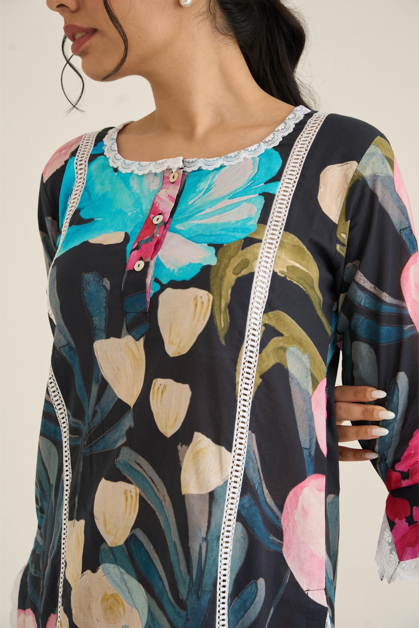 Midnight Floral Fusion Lawn Kurta Set