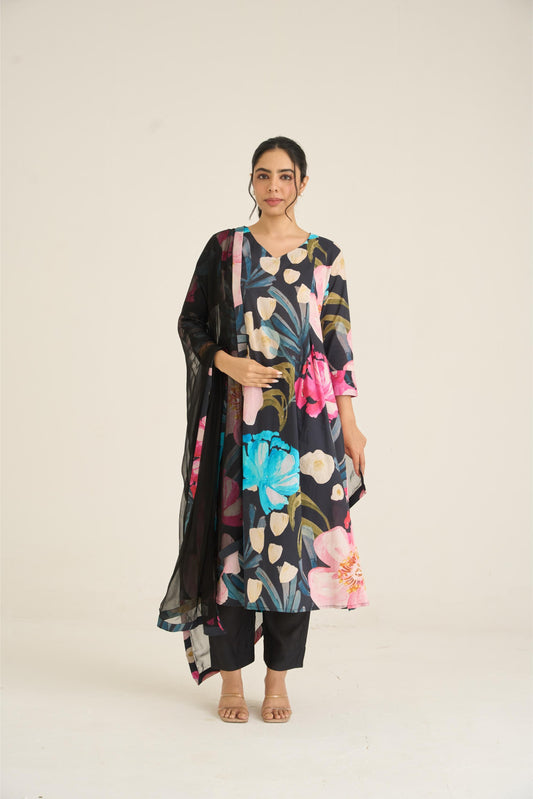 Black Bloom Panelled Kurta Set