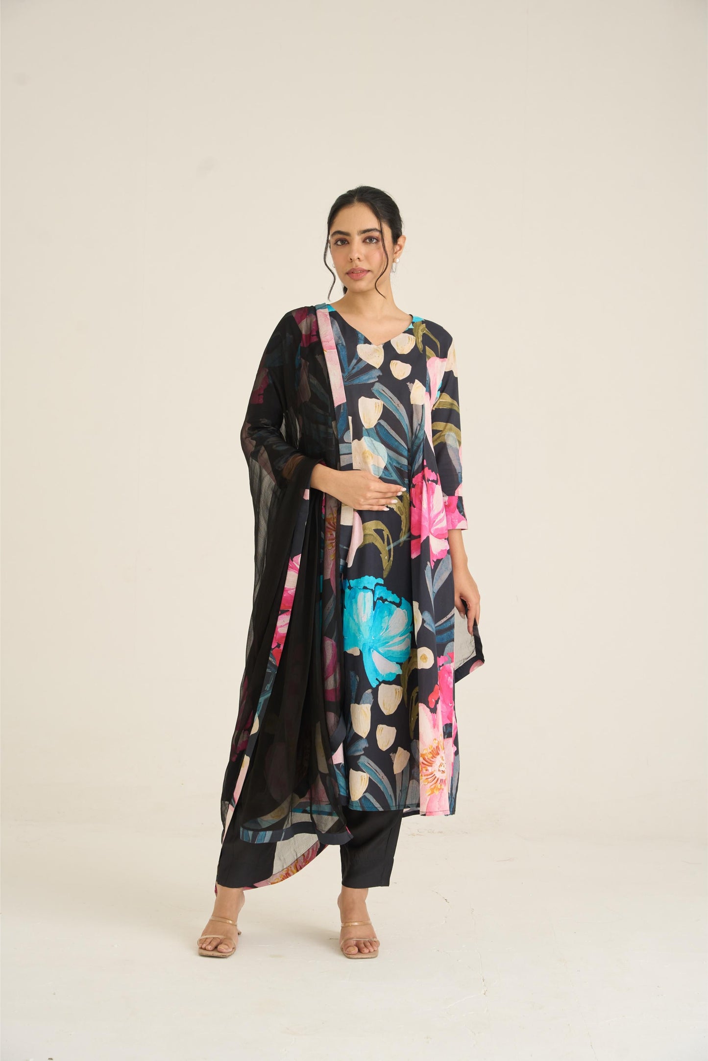 Black Bloom Panelled Kurta Set