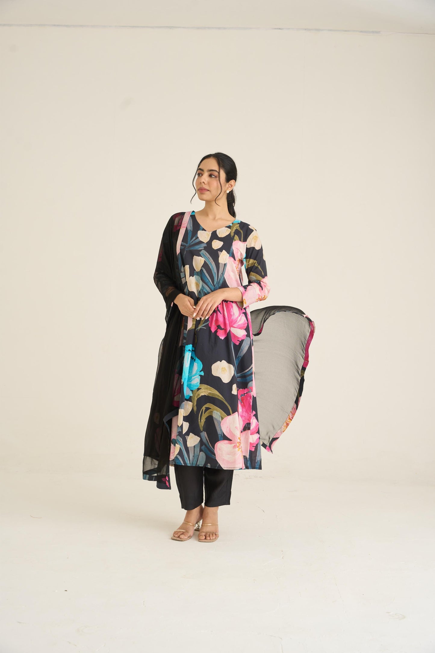 Black Bloom Panelled Kurta Set