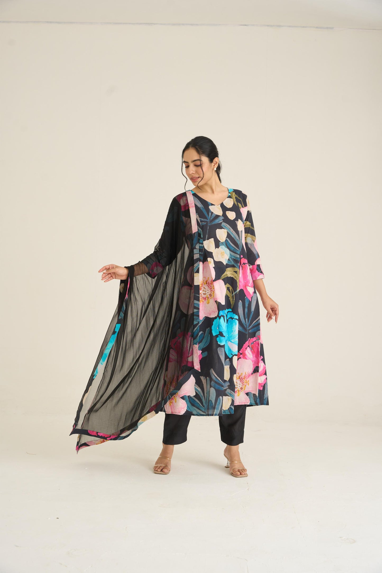 Black Bloom Panelled Kurta Set