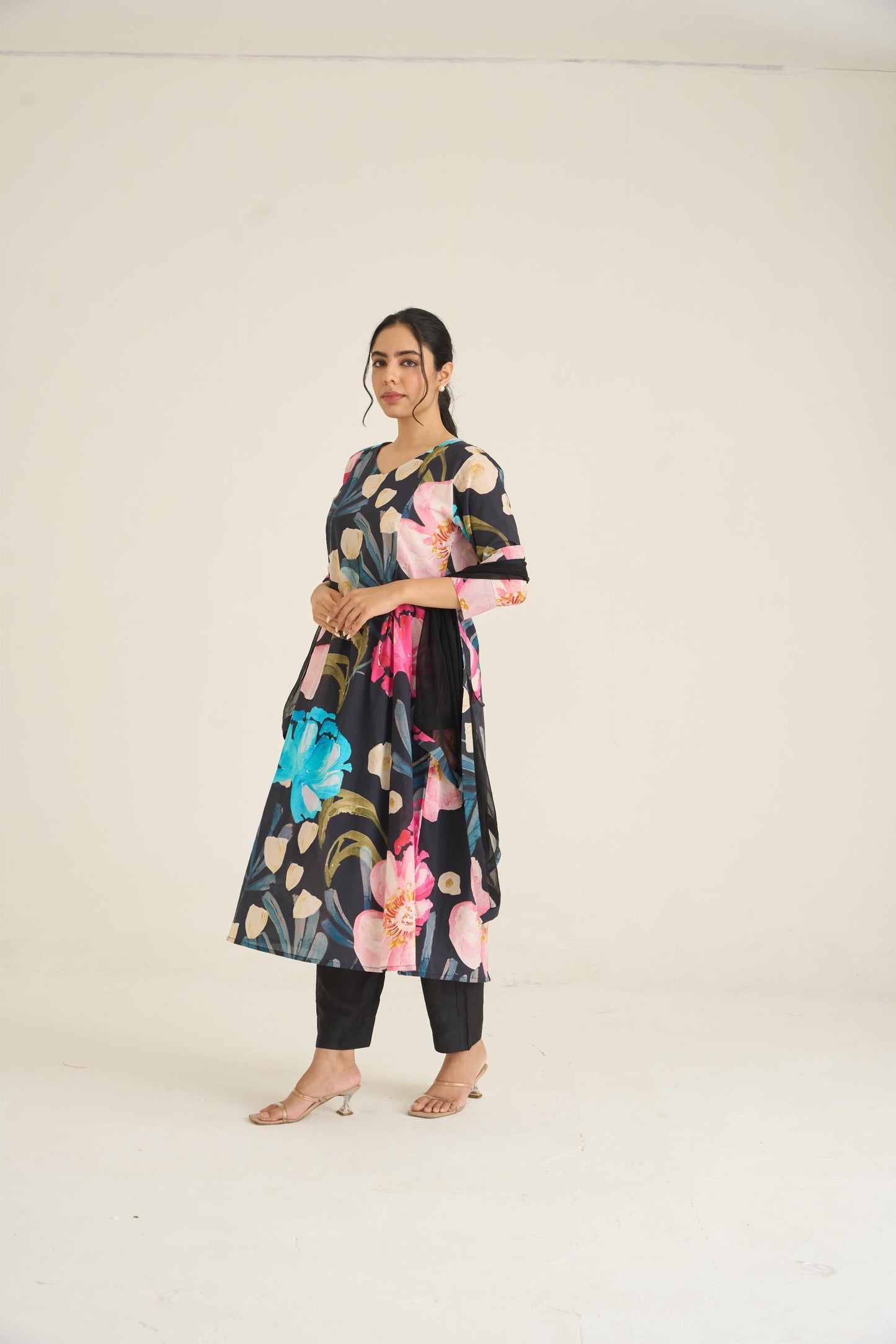 Black Bloom Panelled Kurta Set