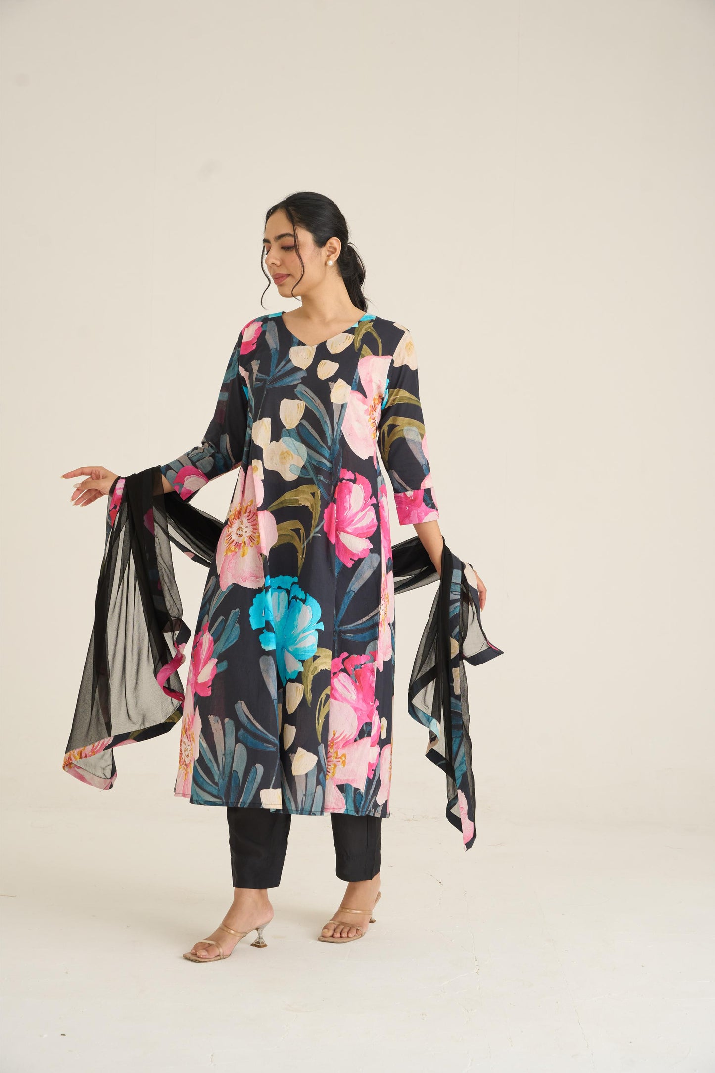 Black Bloom Panelled Kurta Set