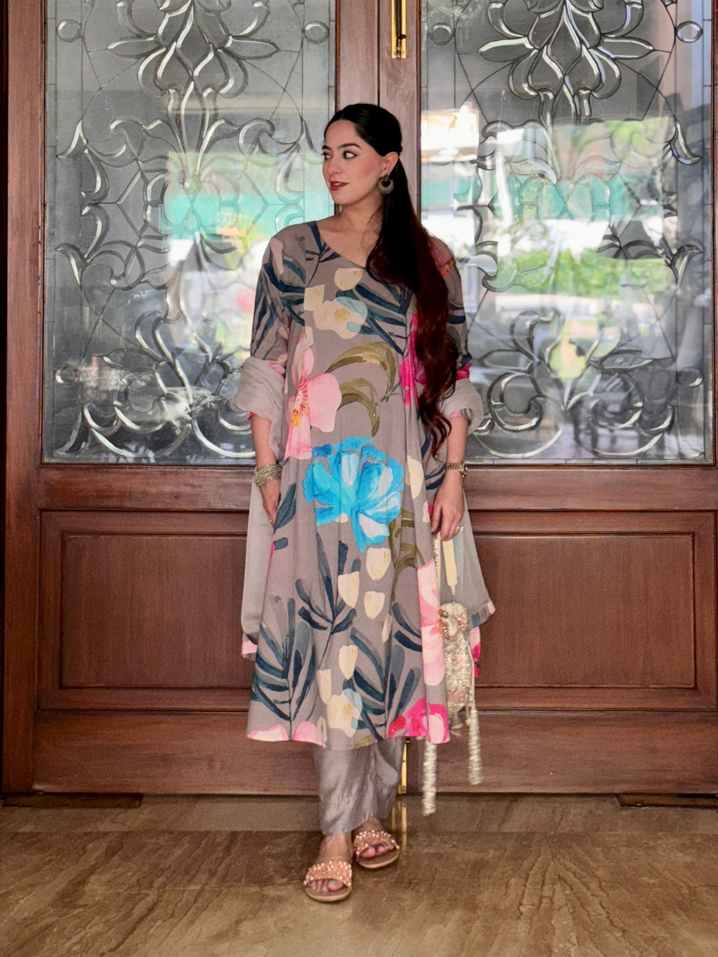 Grey Bloom Panelled Kurta Set