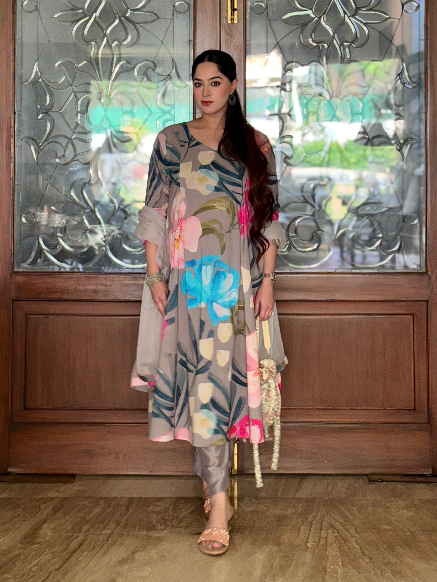 Grey Bloom Panelled Kurta Set