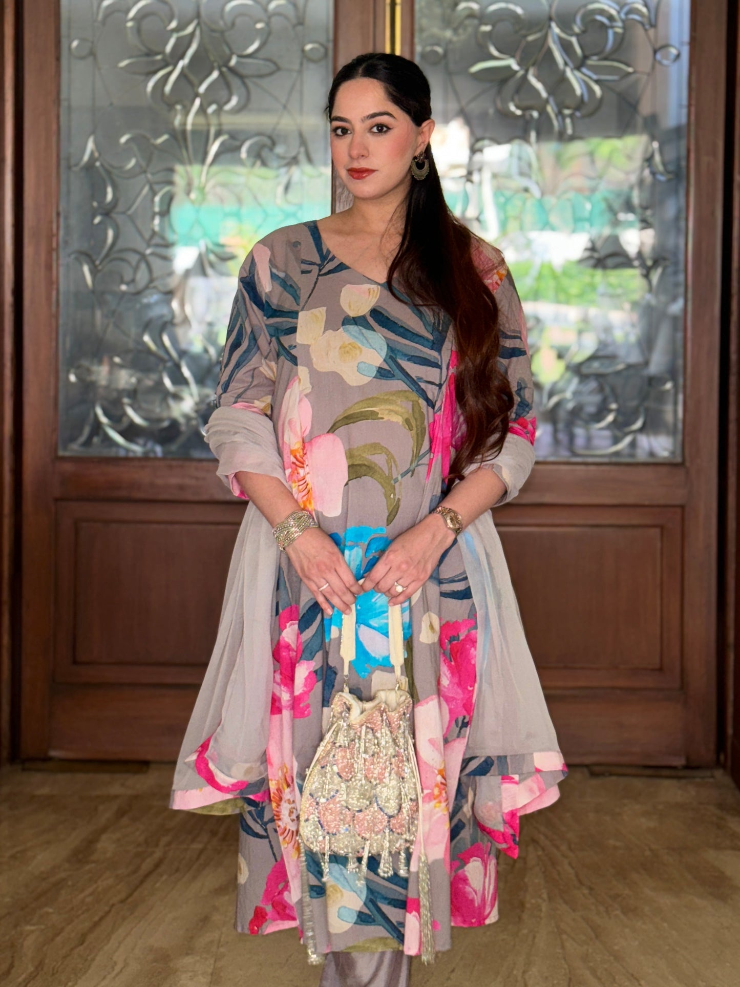 Grey Bloom Panelled Kurta Set