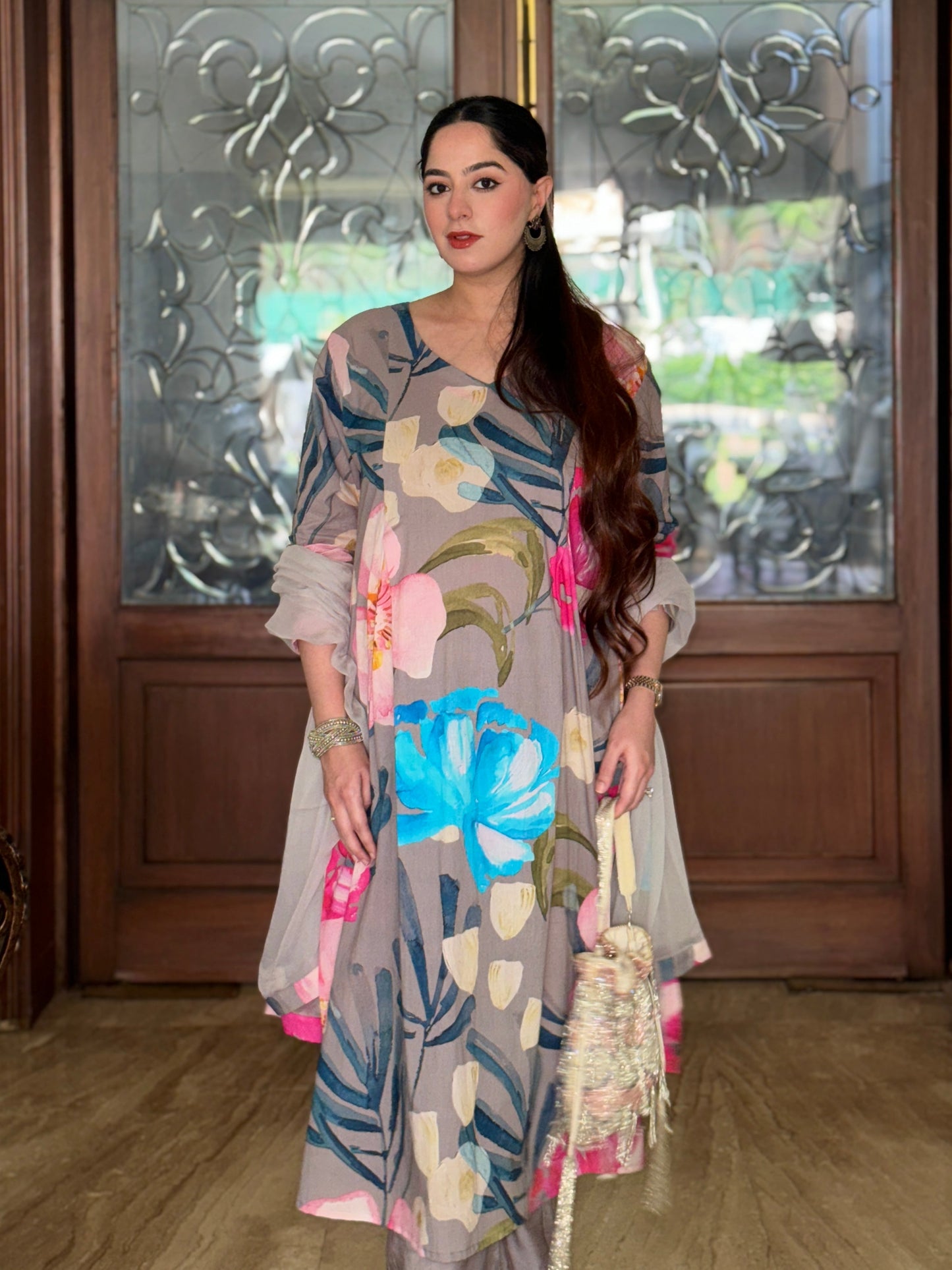 Grey Bloom Panelled Kurta Set
