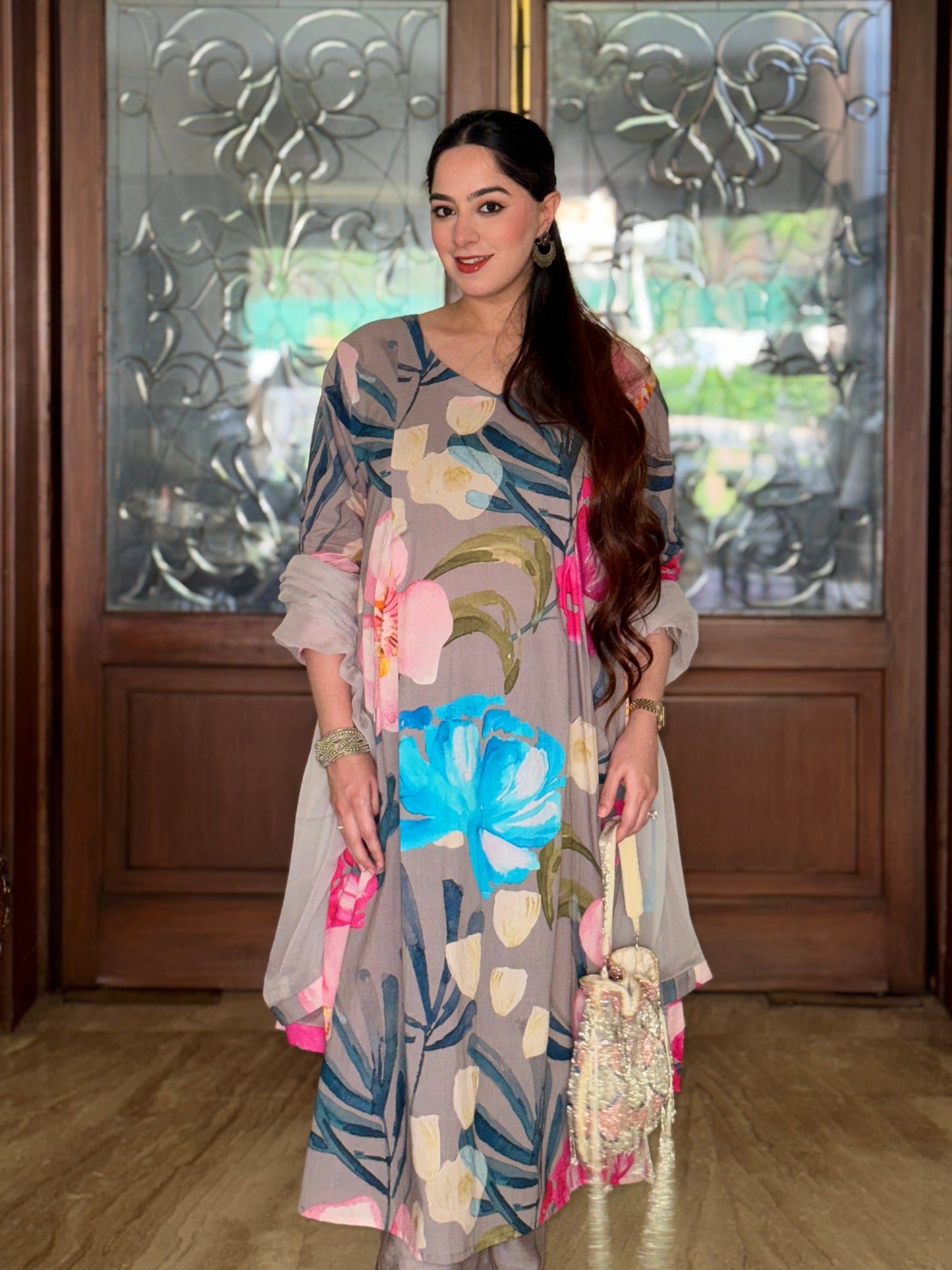 Grey Bloom Panelled Kurta Set