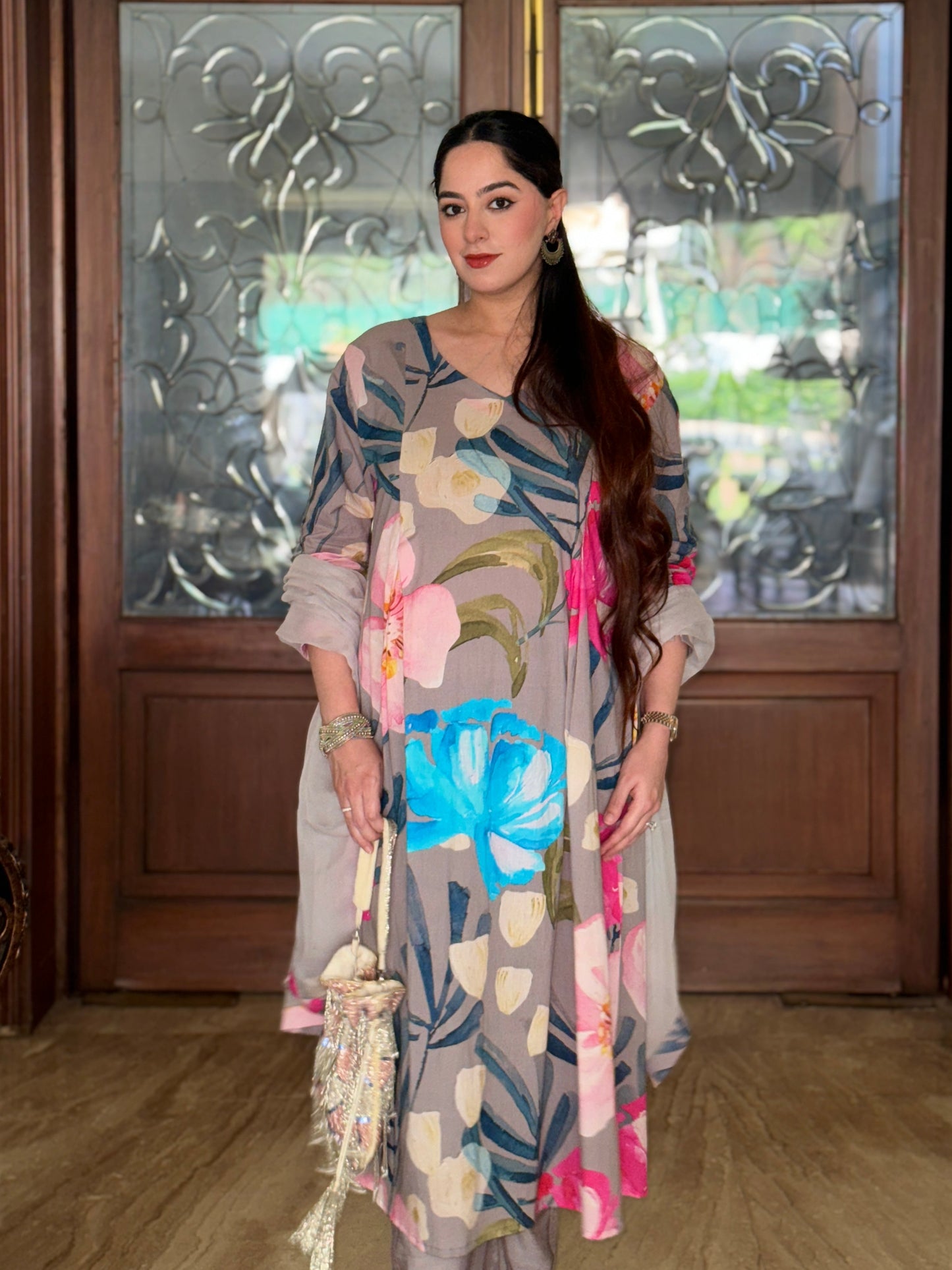 Grey Bloom Panelled Kurta Set