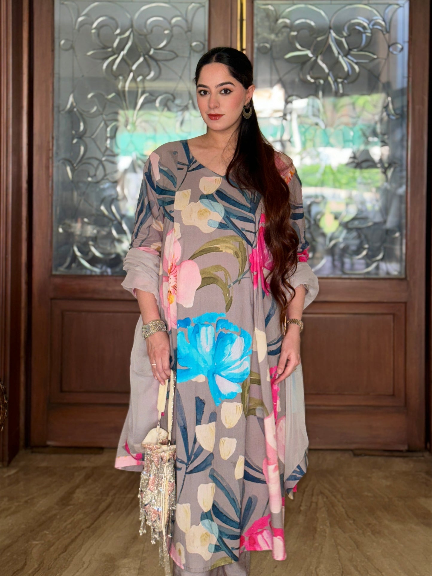 Grey Bloom Panelled Kurta Set
