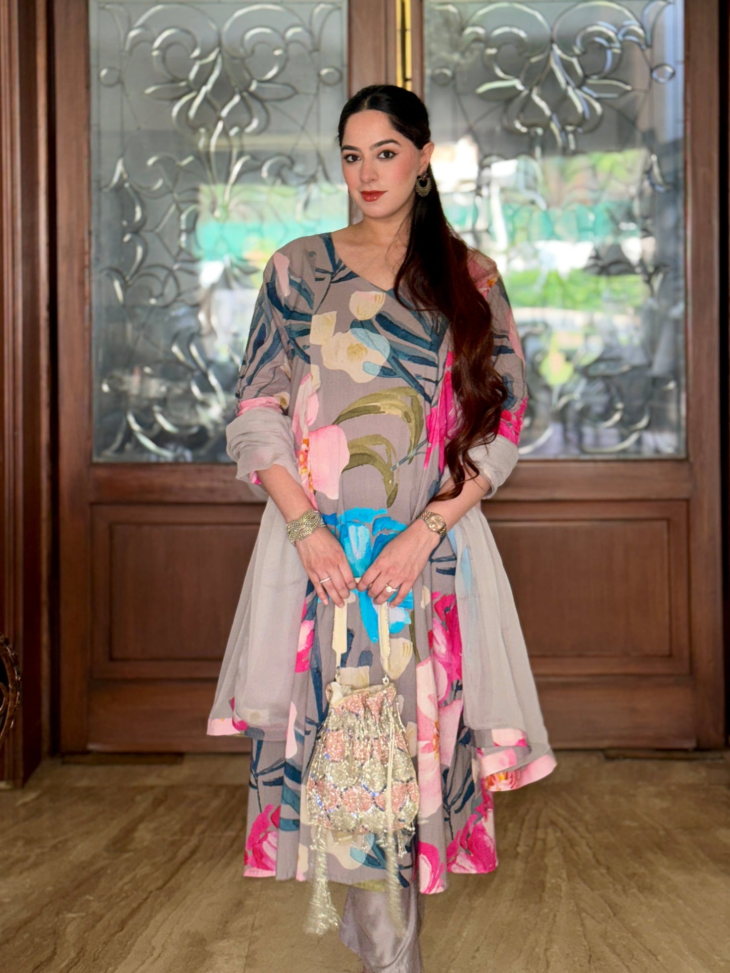 Grey Bloom Panelled Kurta Set